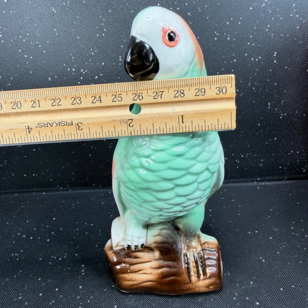 Vintage Green Parrot Ceramic Figurine Made in Brazil Tropical Bird Marked 7 inch